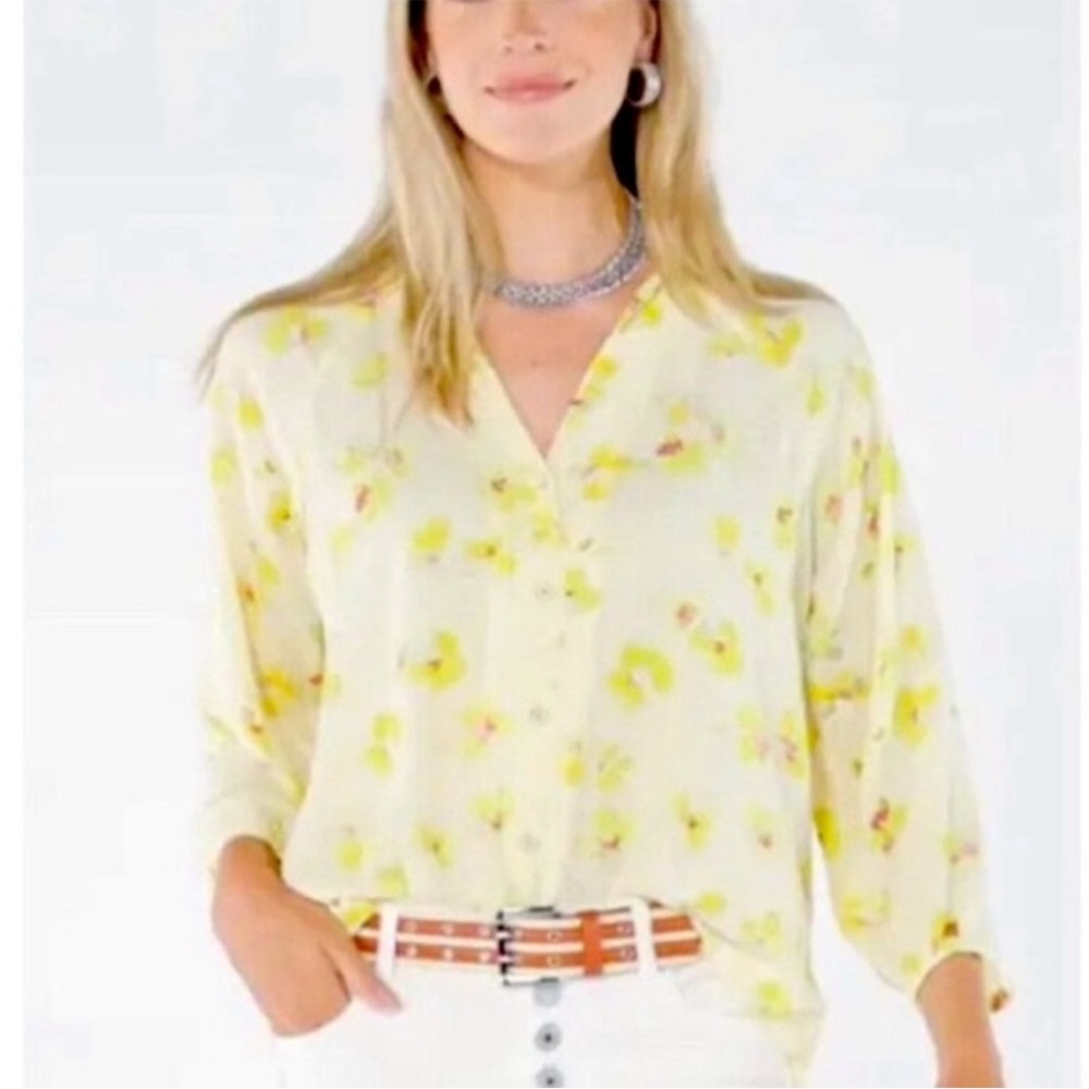 Cabi 6294 Go to Blouse Floral Yellow Button Down shirt 3/4 sleeve Top